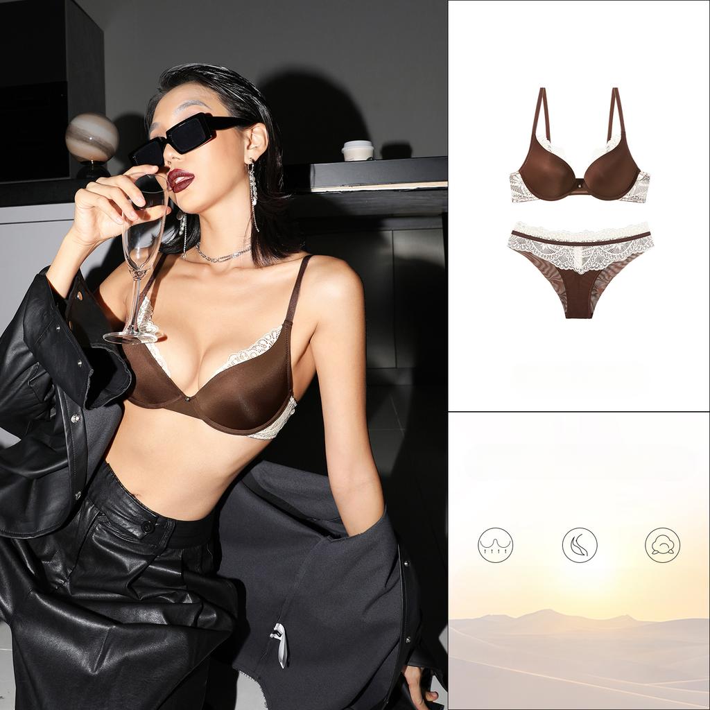 Sexy Lace Women Underwear Set Shiny French Push Up Bra Set 3/4 Cup Plus Size Underwire Brassiere Deep V Lingerie and Panties