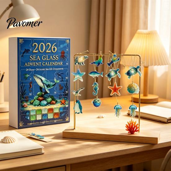 Christmas Countdown Calendar Sea Life Advent 2026, 2D Box with Blue Ocean Color Scheme Animal Acrylic Pendants, Festive Tree Hanging Decor,