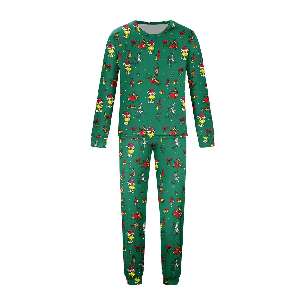Family Matching Christmas Print Pajama Set, Round Neck Long Sleeve and Long Pants Loungewear for Holiday