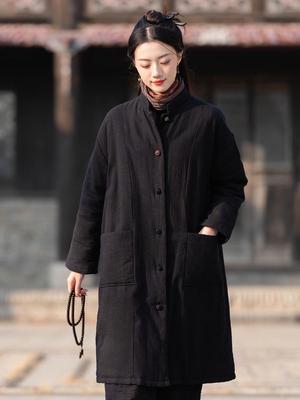 Women's Winter Retro Stand Collar Quilted Jacket: Slimming Cotton-Linen, Sandwashed, Thickened, Long Coat
