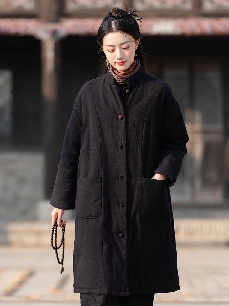 Women's Winter Retro Stand Collar Quilted Jacket: Slimming Cotton-Linen, Sandwashed, Thickened, Long Coat