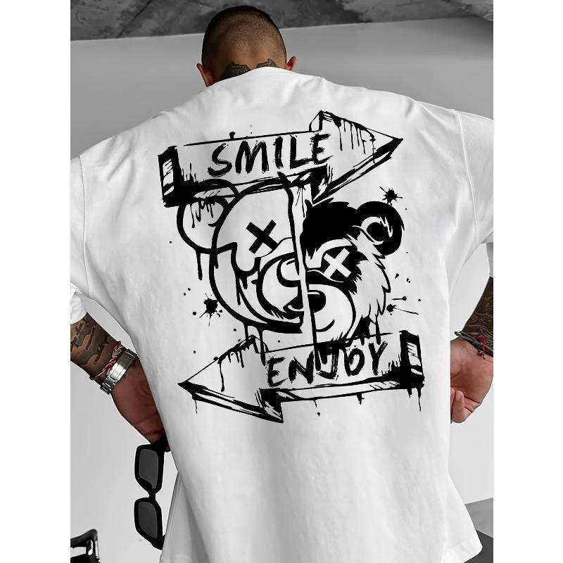 European Sizes Men's Graphic T-Shirt - Loose Fit Crew Neck Summer Short Sleeve Shirt, SMILE & ENJOYE Bear Design, Street Graffiti Style, Fashion Trend