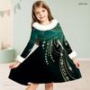 Girls Long Sleeve Black Gold Silver Printed Furry Neck Cuffs A Line Flared Dress