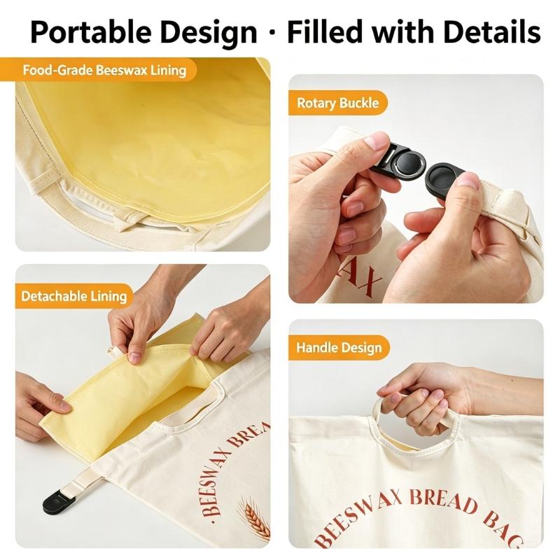 Organic Cotton Bread Storage Bag with Wax Lining, Removable Design, Flexible Closure Bands, and Carry Opening for Bread and Everyday Foods