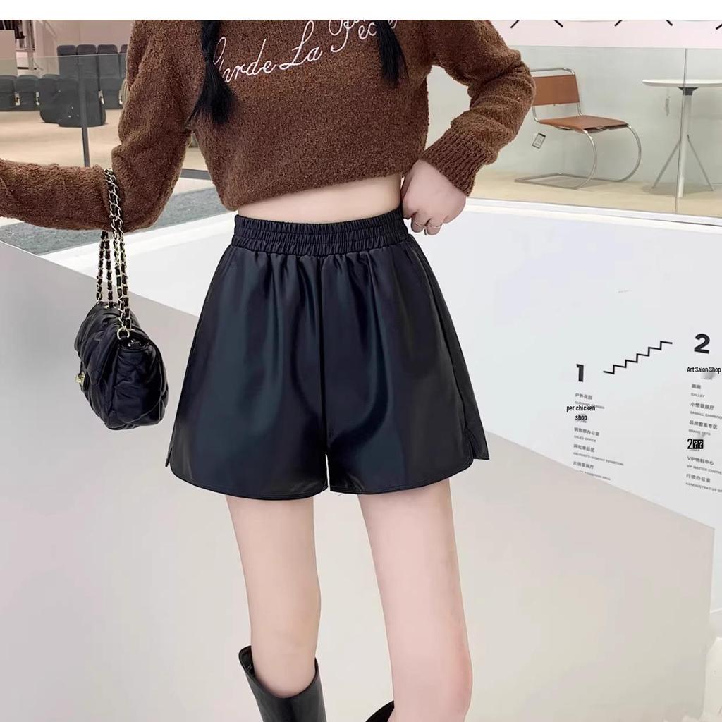 Women's PU Leather Bootcut A-Line Shorts, High-Waist Slimming, Wide Leg, Autumn/Winter 2023 Casual Wear.