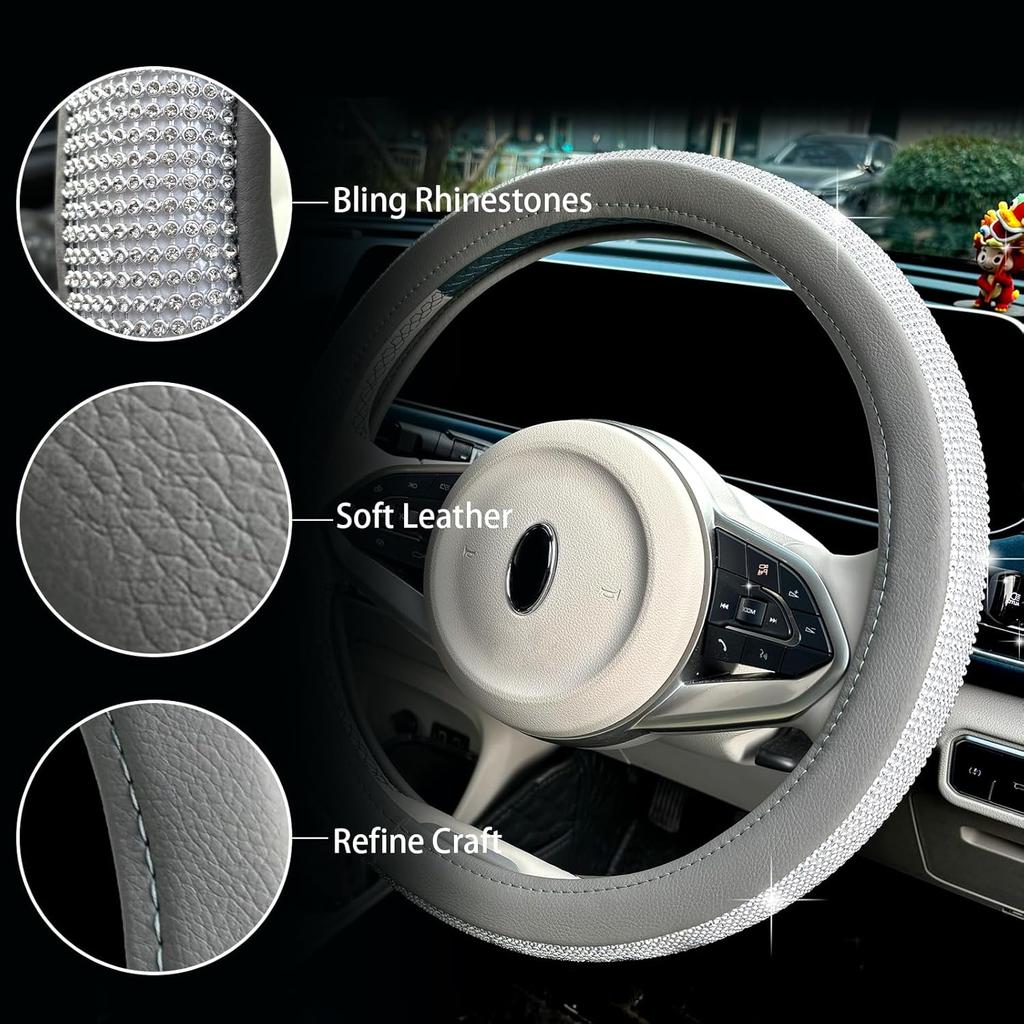Full Sparkly Rhinestone Car Steering Wheel Cover Universal Leather Steering Wheel Cover Auto Car Styling Interior Decor Accessories (Gray