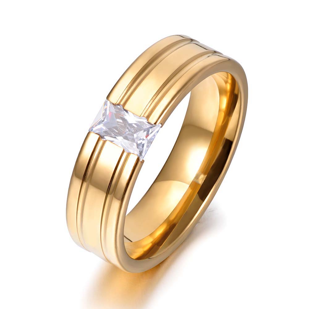 JeeMango Channel Setting Single CZ Crystal Rings Gold Color 316L Stainless Steel Wedding Engagement Ring Jewelry Gift JR17149