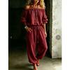Womens Off Shoulder Long Sleeve Top Drawstring Waist Tapered Pants Two Piece Casual Outfit