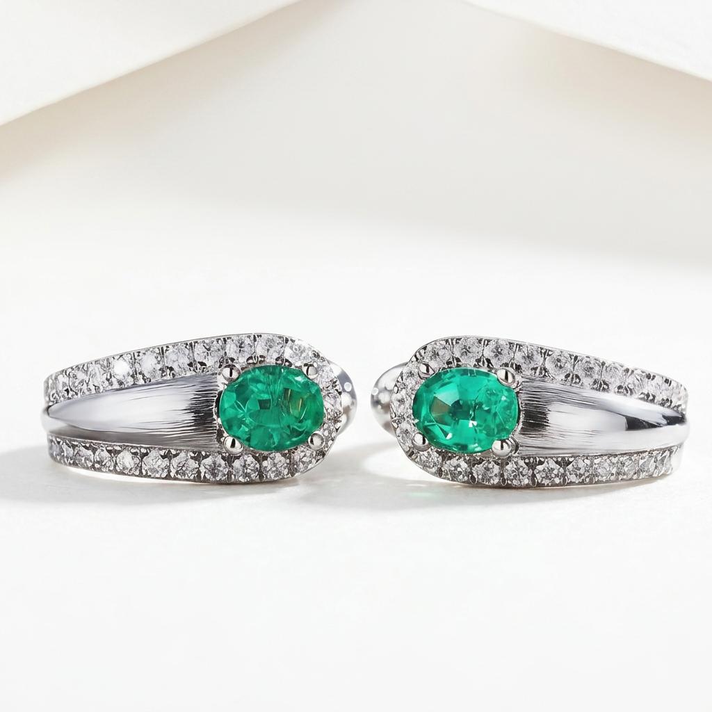 Copper Vintage Brushed Drop Earrings with Green Oval CZ & Paved Clear CZ Accents