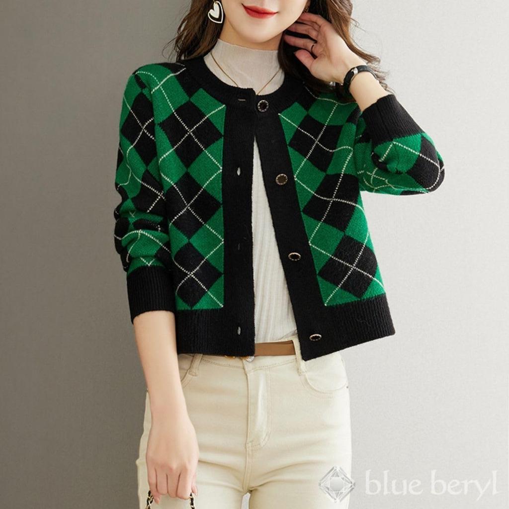 Knitted Argyle Gold Box Round Elegant Neat Winter Slimming Air Conditioner Long Short Large Figure Mature and Long Air Conditioner Green Cardigan,