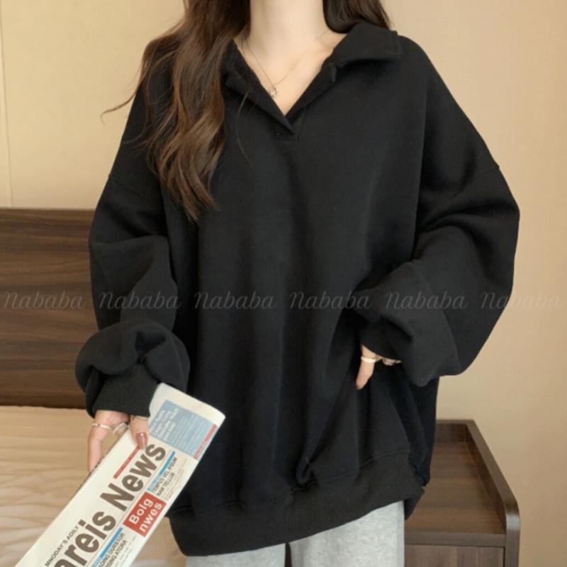 Navava Long Sleeve Solid Split Collar Sweatshirt Nt1307