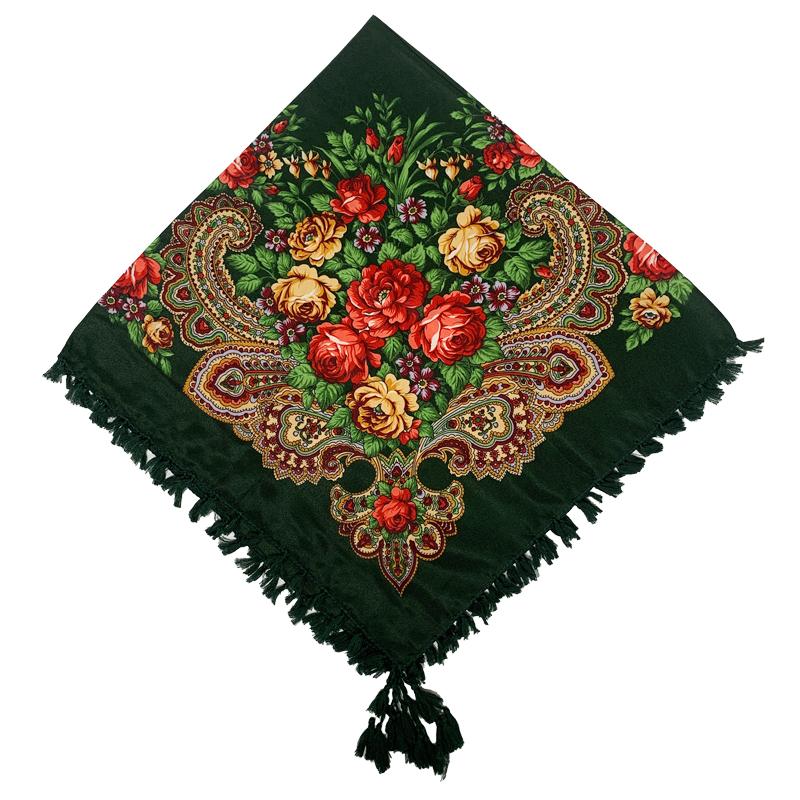 90*90cm Short Tassel Floral Print Russian Square Scarf Women Luxury Flower Printed Bandana Shawl Ukrainian Babushka Head Wraps