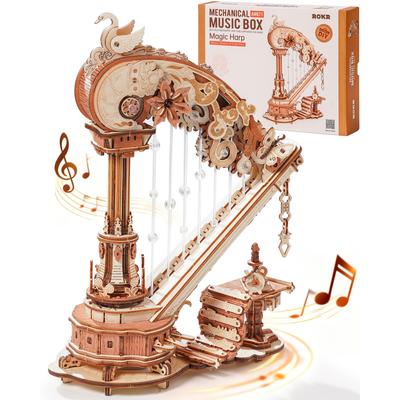 ROKR Sihirli Arp Müzik Kutusu Ahşap 3D Yapboz 350 Parça Kendin Yap Mekanik Model Yapım Kiti Ev Masası Kitaplık Dekorasyonu Yetişkinler Çocuklar İçin Hediye
