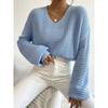 Womens V-Neck Lantern Sleeve Knit Sweater Pure Color Batwing Fit 2025 Lightweight Casual Top