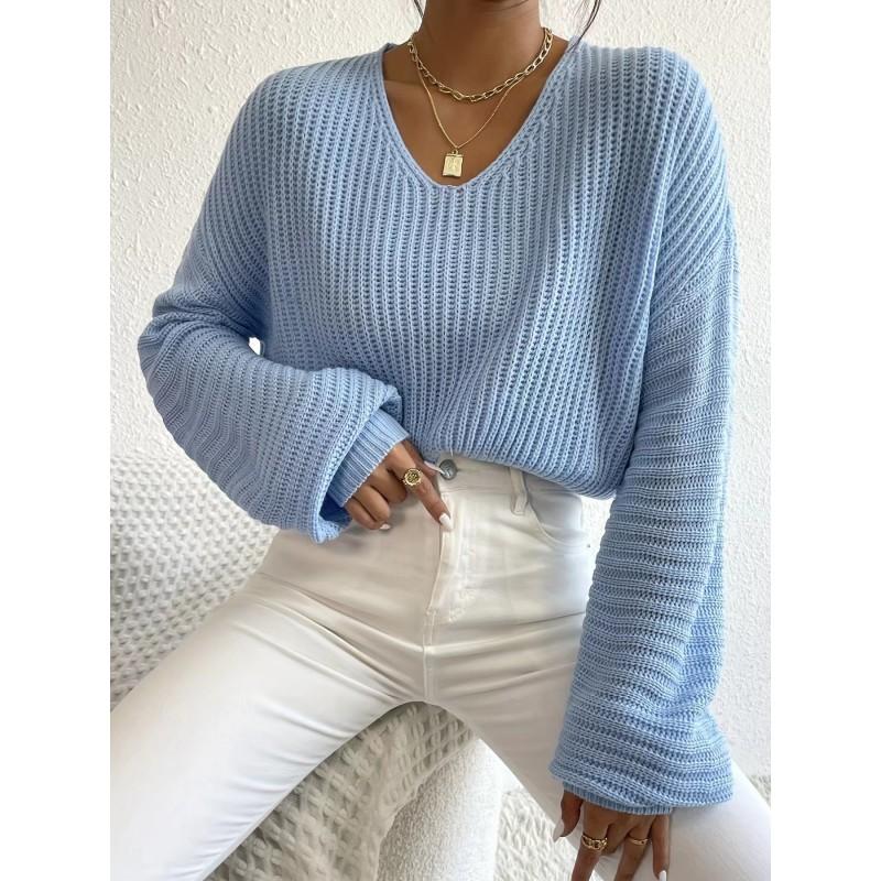 Womens V-Neck Lantern Sleeve Knit Sweater Pure Color Batwing Fit 2025 Lightweight Casual Top