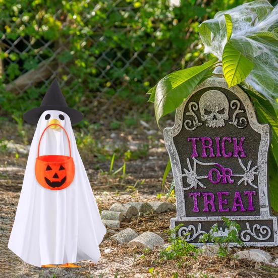 Ghost Goose Outfit Halloween Porch Goose Clothes with Witch Hat And Pumpkin Bucket for 23" Goose Statue Outdoor Patio Yard Lawn Decoration