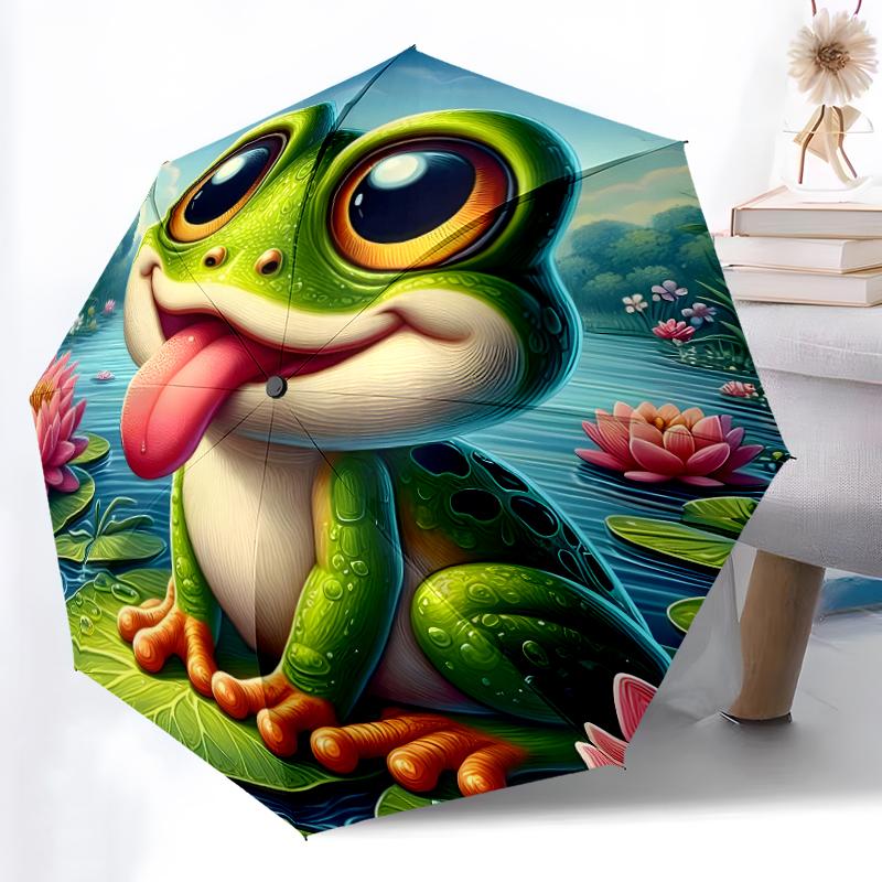 1pc Sturdy 8-Bone Auto Umbrella, Frog Umbrella, Digital Printed, Foldable Umbrella for On-the-Go Outdoor Use