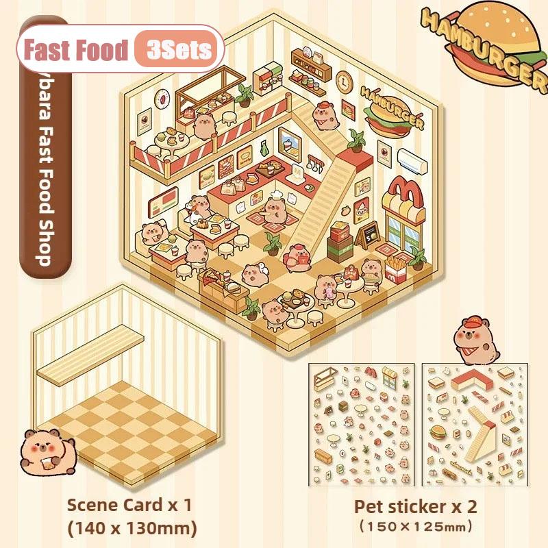 1-10Sets 3D Sticker Set Cartoon Diorama for Journal Scrapbooking Red Xiaohongshu DIY Craft ASMR Relaxation Miniature House Scene
