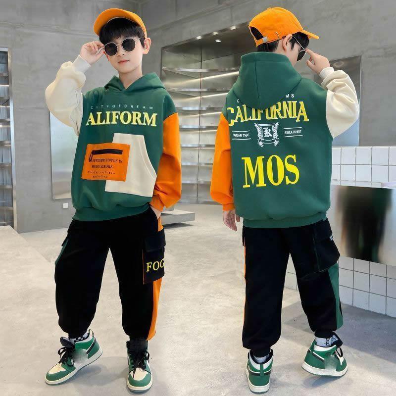 Boys Tracksuit Sets Children Patchwork Letter Sweatshirts+Pants 2Pcs Outfits Teenager Autumn Fashion Hooded Suits Spring Clothes