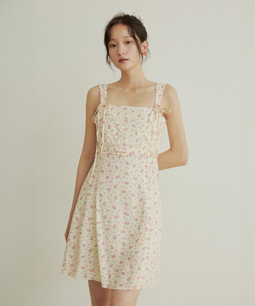 Adowl Flower Pattern Shirring Mini Dress - Cream