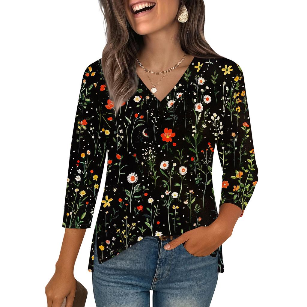 3/4 Sleeve Shirts For Women  Print Graphic Tees Blouses Casual Plus Size Basic Tops Pullover