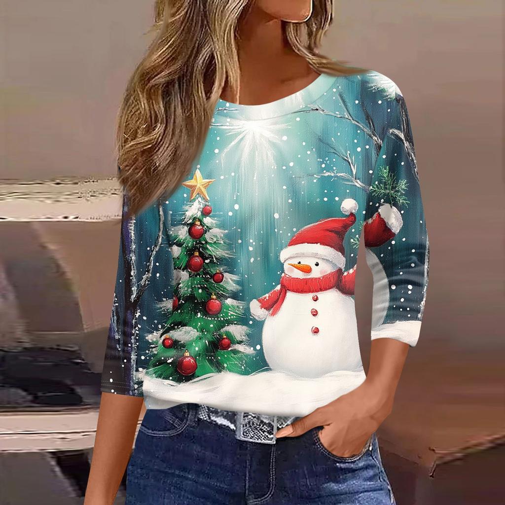 Women's Tops Seven Sleeve Shirt Round Neck Loose Christmas Snowman Christmas Tree Printed T-Shirt