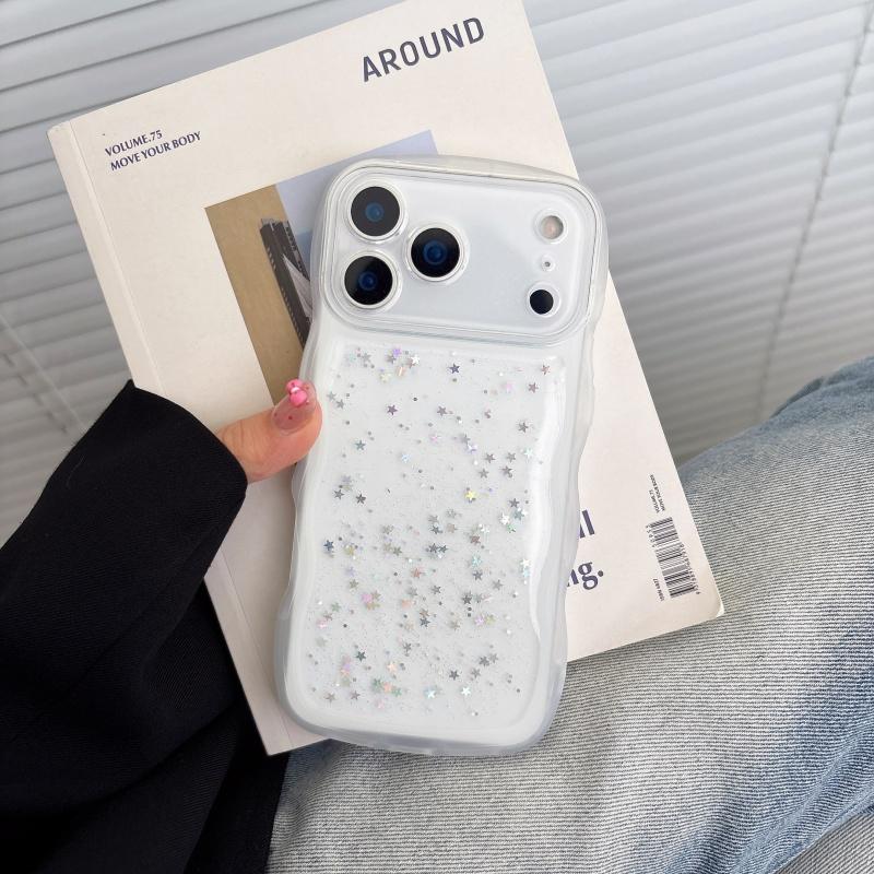 Glitter Star Sequins Wave Edge Clear Case For iPhone 17 Air 16 16E 15 14 13 12 11 Plus Pro Max Lens Protective Silicone Cover