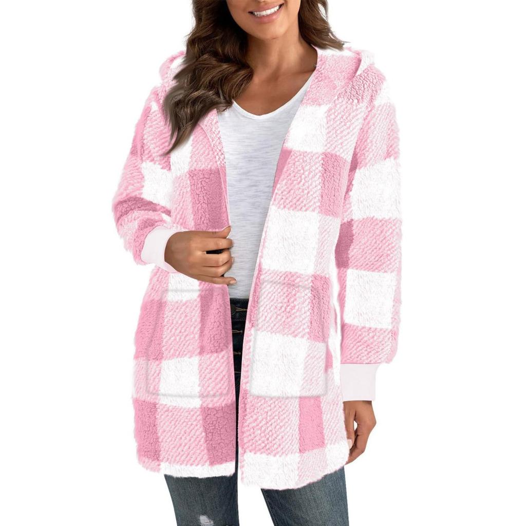 Fall Winter Women's Plaid Hooded Fleece Coat, New Casual Warm Outerwear for Women
