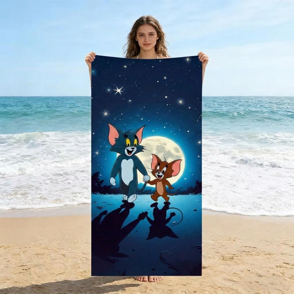 T-Tom a-and J-Jerry Starry Night Beach Towel Full Moon Water Reflection Print Quick Dry Towel Pool Camping Kids Teens Gift