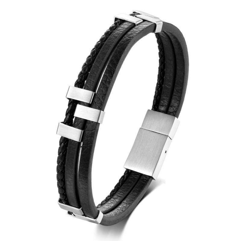 Mens Geometric Stainless Steel Braided Leather Bracelet Handmade Adjustable Cycling Accessory