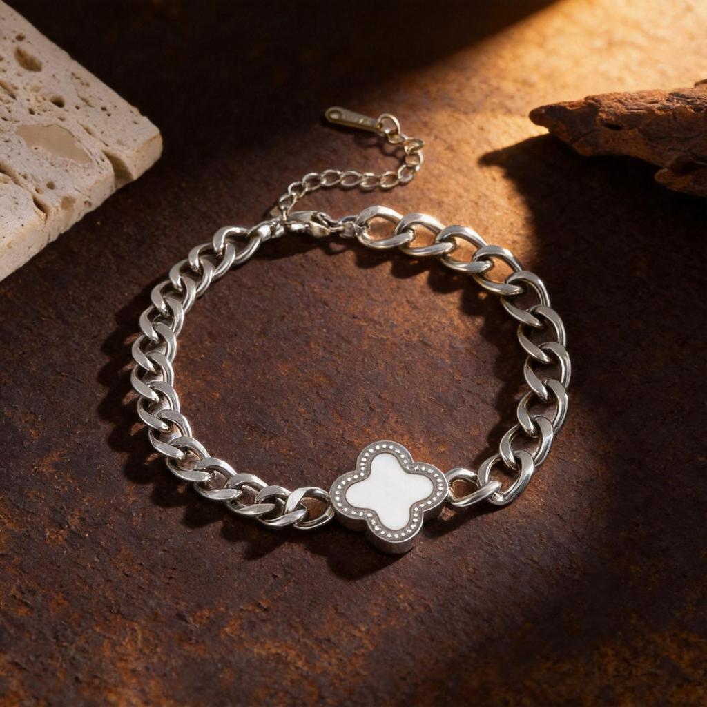 European & American Classic Four-Leaf Clover Shell Bracelet - Trendy Women's Hip Hop Thick Chain Bangle