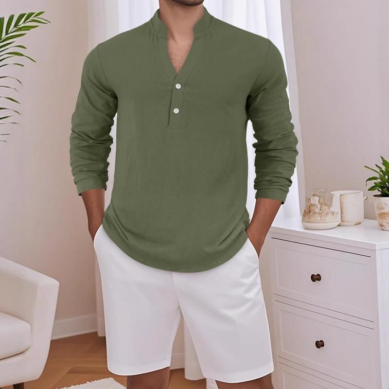 Men S Linen Blend Solid Color Long Sleeve Stand Collar Casual Shirt