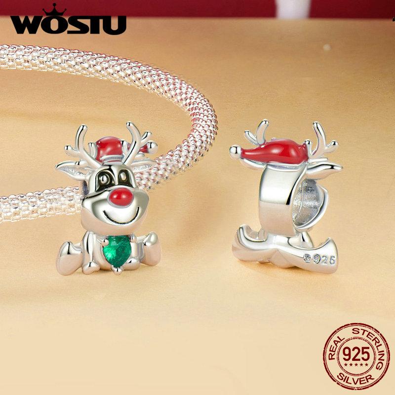 WOSTU 925 Prata Esterlina Elk Charms Natal Veado Contas Fit Original Pulseiras Mulheres DIY Jóias