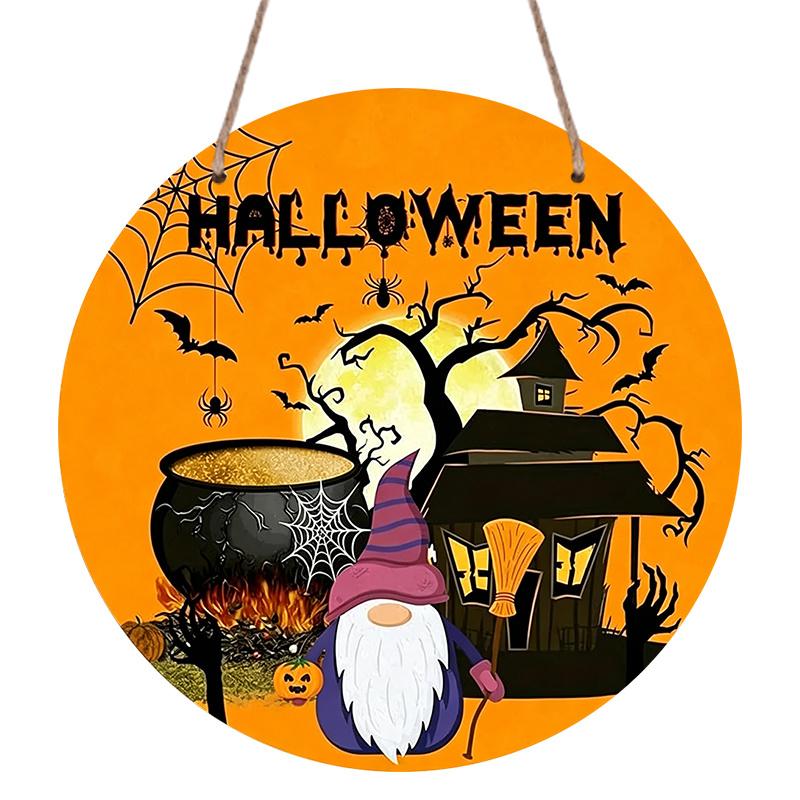 2D Flat Aluminum Decorative Plaques and Ornaments Sign, Halloween Hanging Plaque with Witch Gnome, Haunted House, Cauldron, Pumpkin and Bat Design