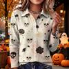 Women's Casual Long Sleeve Knit Top with Halloween Print and Lapel Collar