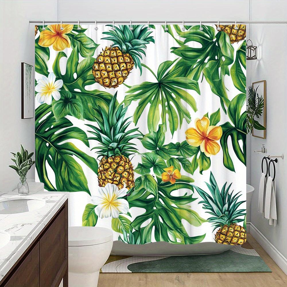 1 Tropical Pineapple and Leaves Print Shower Curtain - Vibrant green, yellow and white floral pattern, perfect for the bathroom