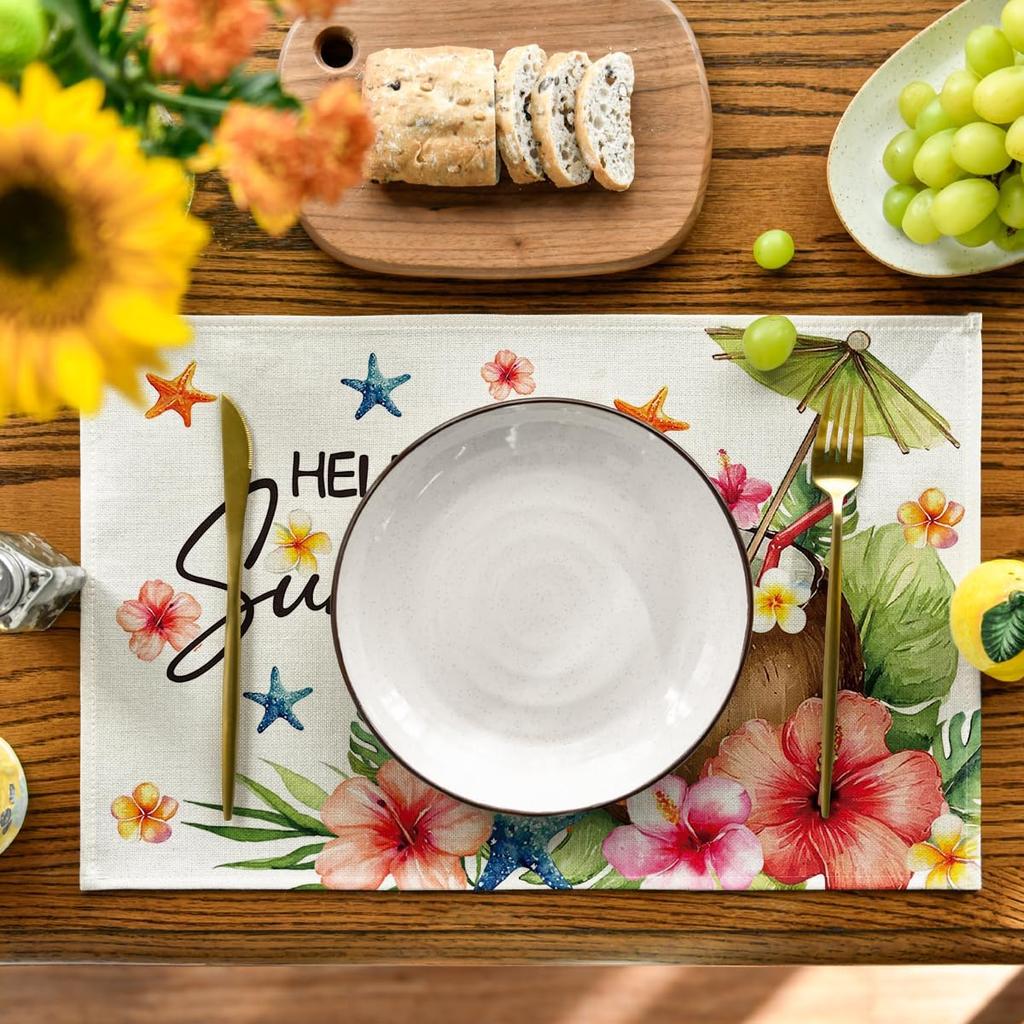 Sunshine Coconut Flowers Starfish Summer Placemats Set of 4, 12x18 Inch Seasonal Holiday Table Mats for Party Kitchen Dining Decoration