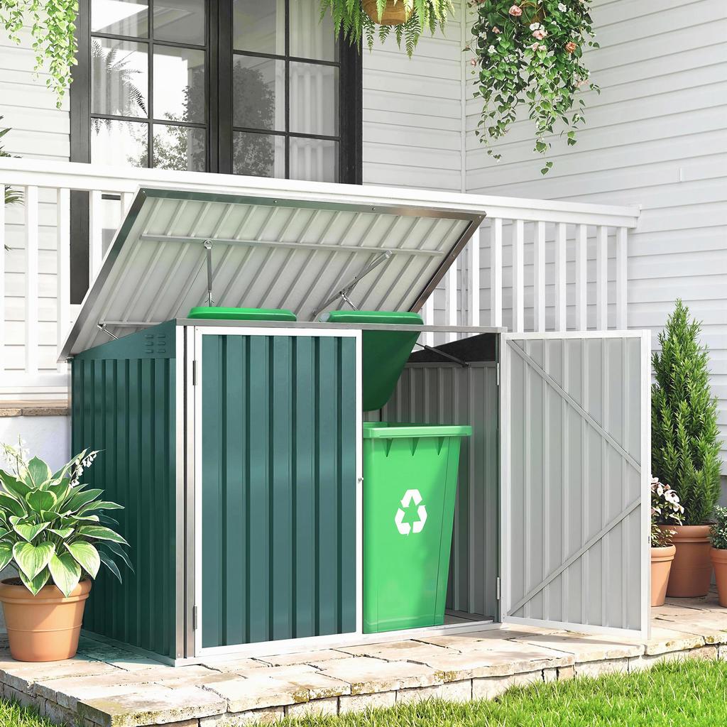 Galvanized Steel Bin Enclosure, 2 Bins, Double Door, Pneumatic Lid, 180 x 108 x 130 cm, Green