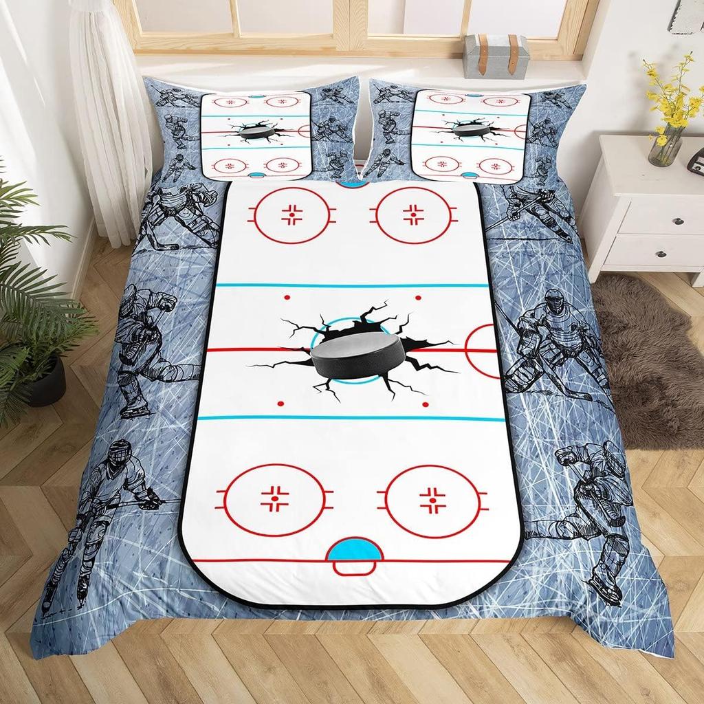 Ice Hockey Duvet Cover Twin Queen for Kids Boys Girl Young Man Winter Ice Sports Games Comforter Cover Helmet Skates Bedding Set