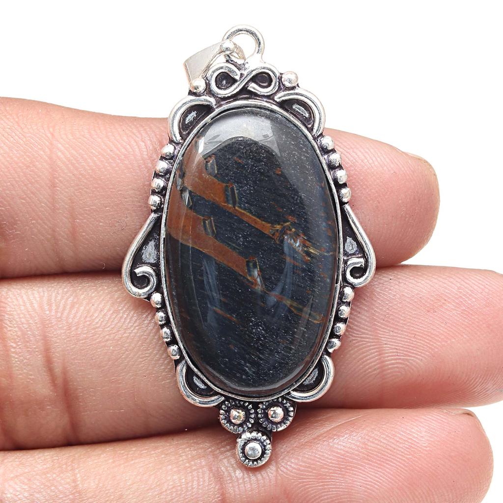 Pendant Black Tiger's Eye Gemstone Valentine'Day Ethnic Silver Jewelry 2.5"