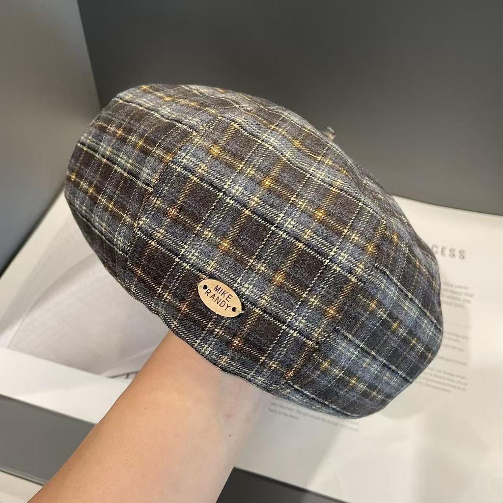 Plaid Painter's Hat Women's Autumn and Winter Retro Face showing Small Octagonal Hat Autumn and Winter Warm and Fashionable Beret Hat