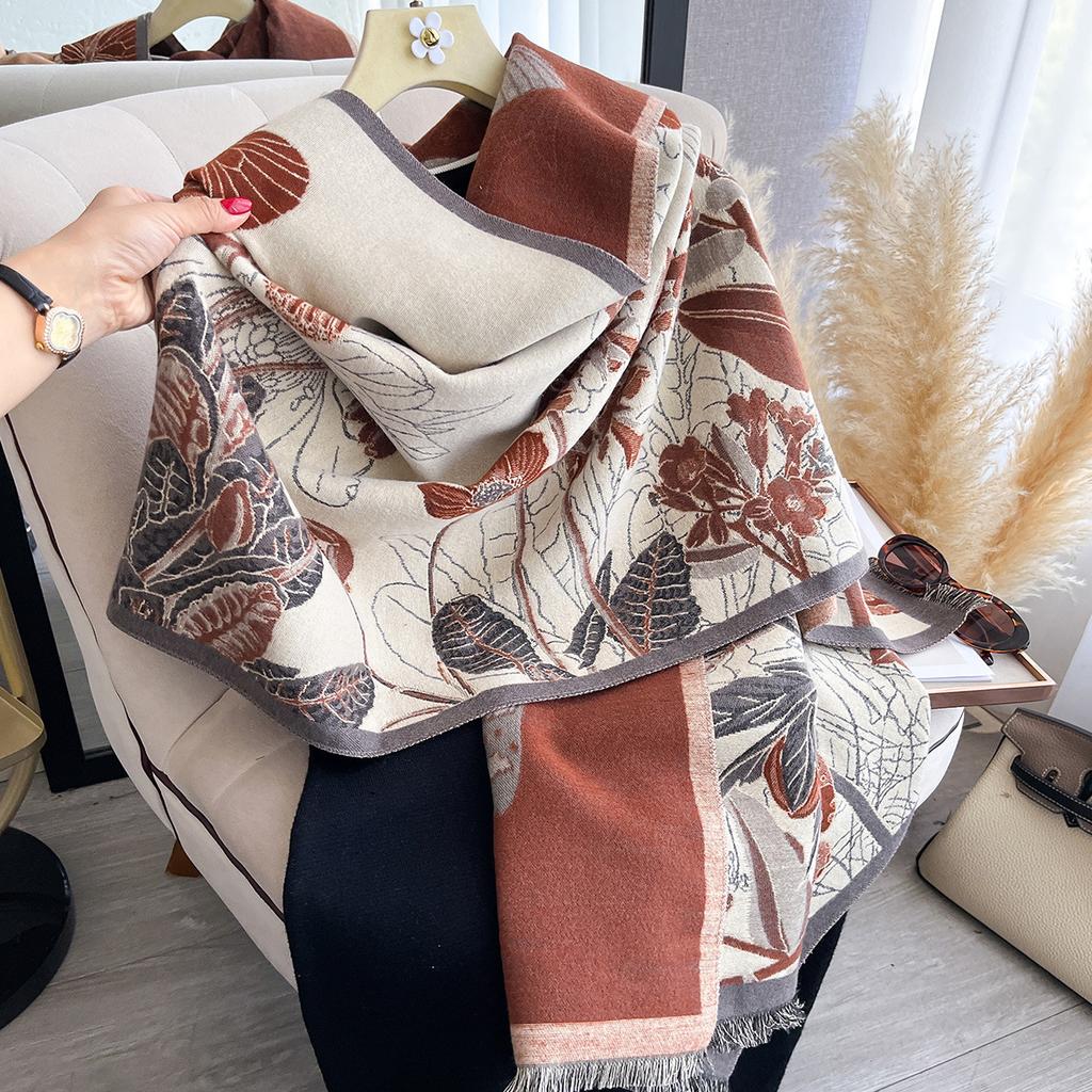 Autumn Plants And Flowers Imitation Cashmere Jacquard Scarf Women'S Simple And Versatile Thickened Warm Scarf Shawl