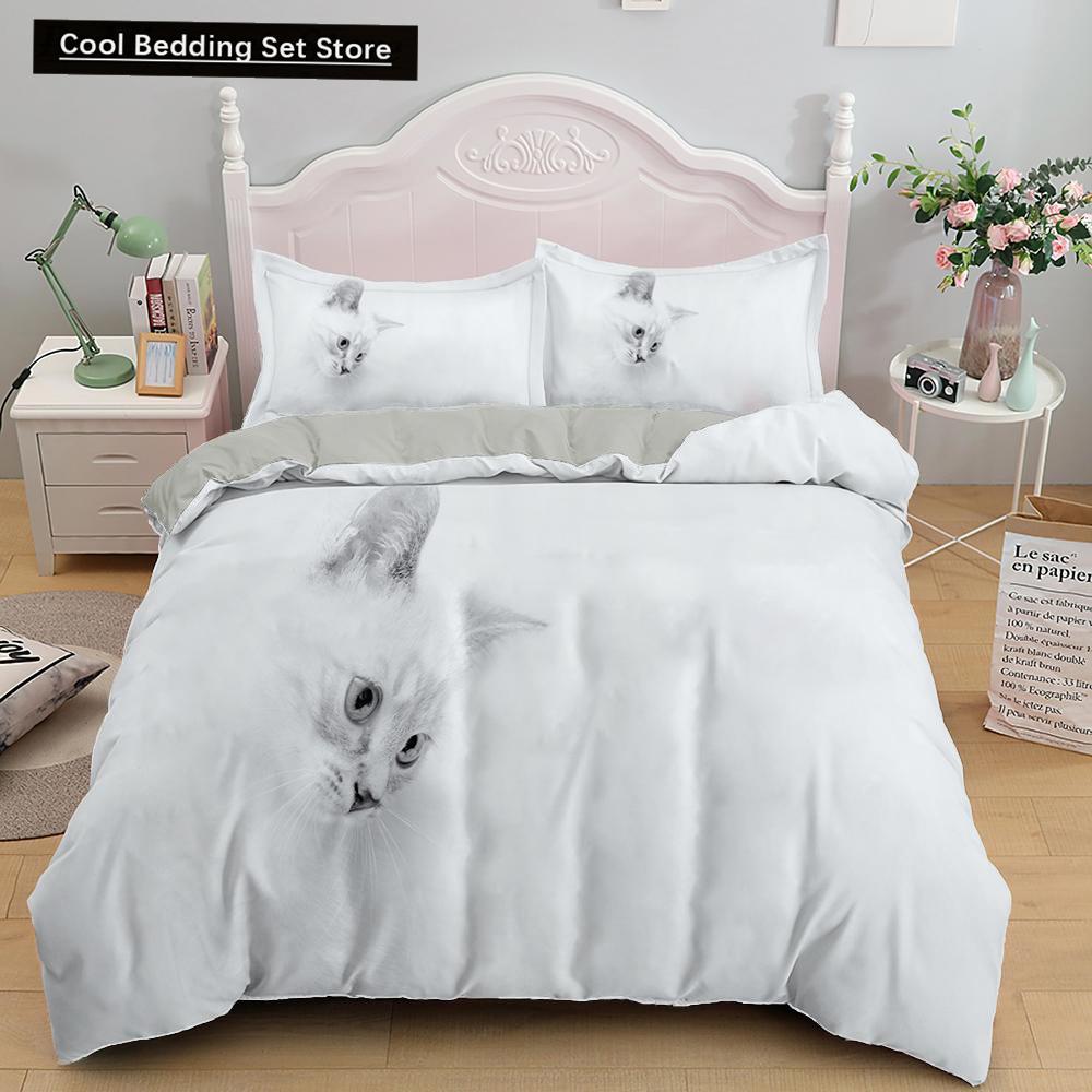 White Cat King Queen Duvet Cover Kawaii Pet Kitty Bedding Set for Kids Teens Adults Family Animal 2/3pcs Polyester Quilt Cover