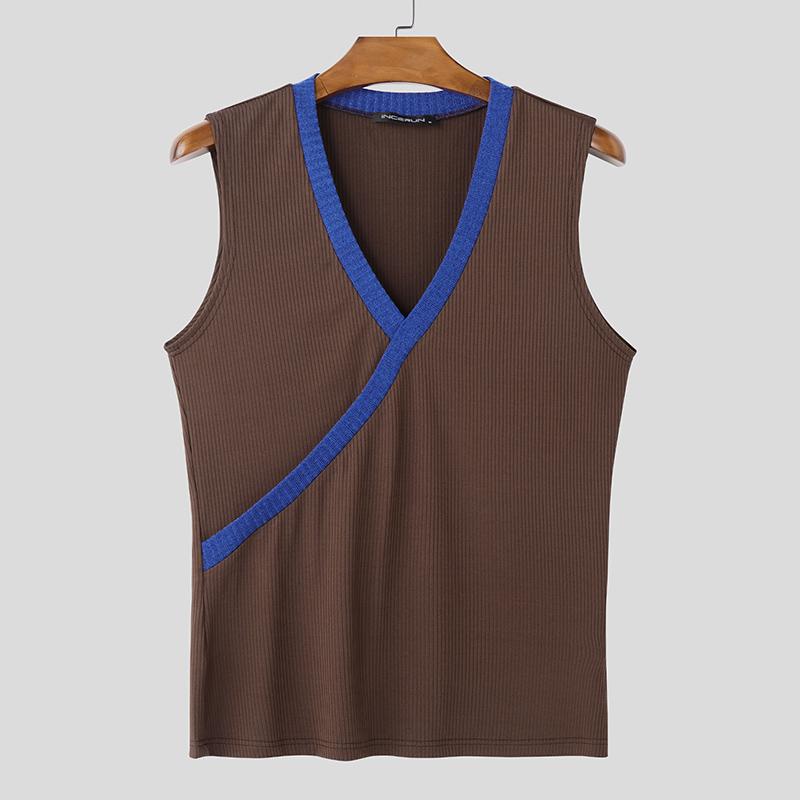 

INCERUN Летние мужские майки без рукавов с V-образным вырезом, сшитые в рубчик, повседневные XL коричневый