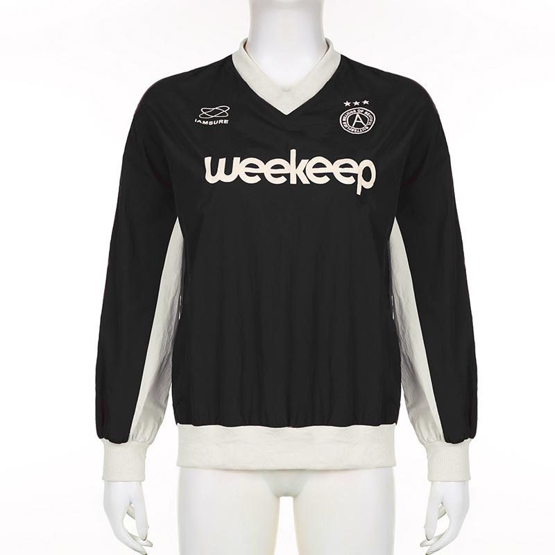 

Женская повседневная модная футболка ранней осени с ярким принтом букв, свободная, с V-образным вырезом, средней длины, с длинным рукавом L чёрный