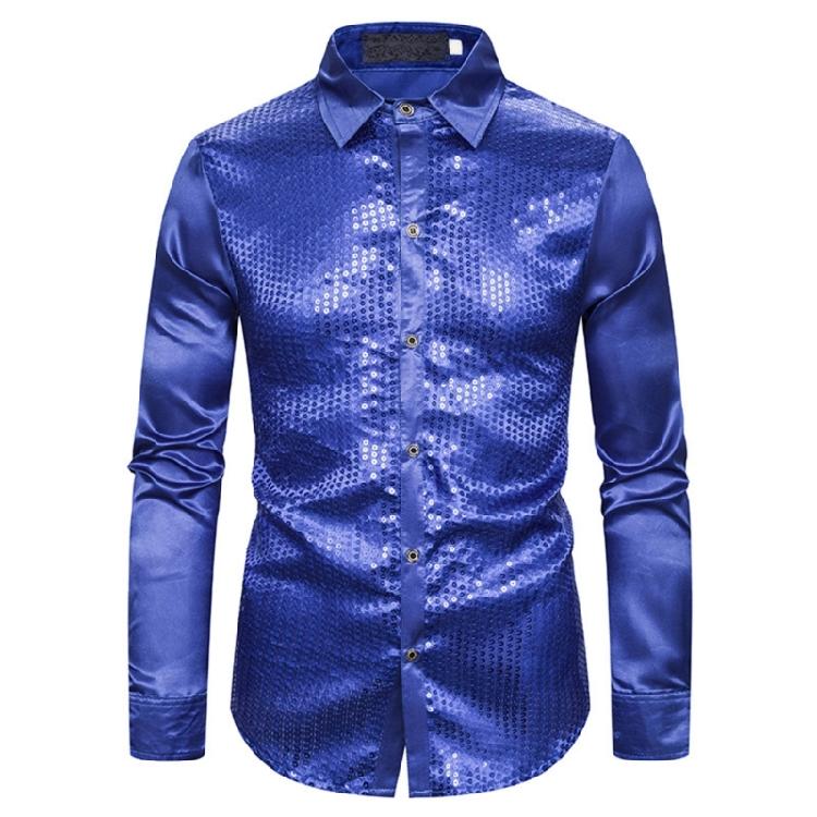 Men's Shines Sequins Long Sleeve Button Down Shirt for Halloween Cosplay 70s Disco Party Dress Shirt