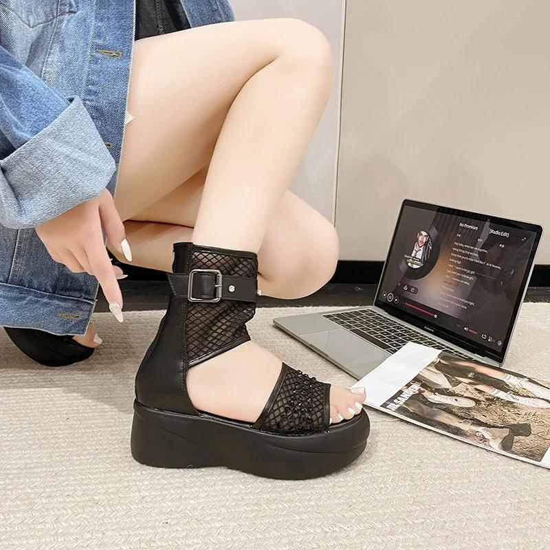 Women's Sandals Mesh Upper Platform Sole Zipper Rhinestones Womens Shoes Dress Heel Wrap Personality Roman Sandalias De Mujer