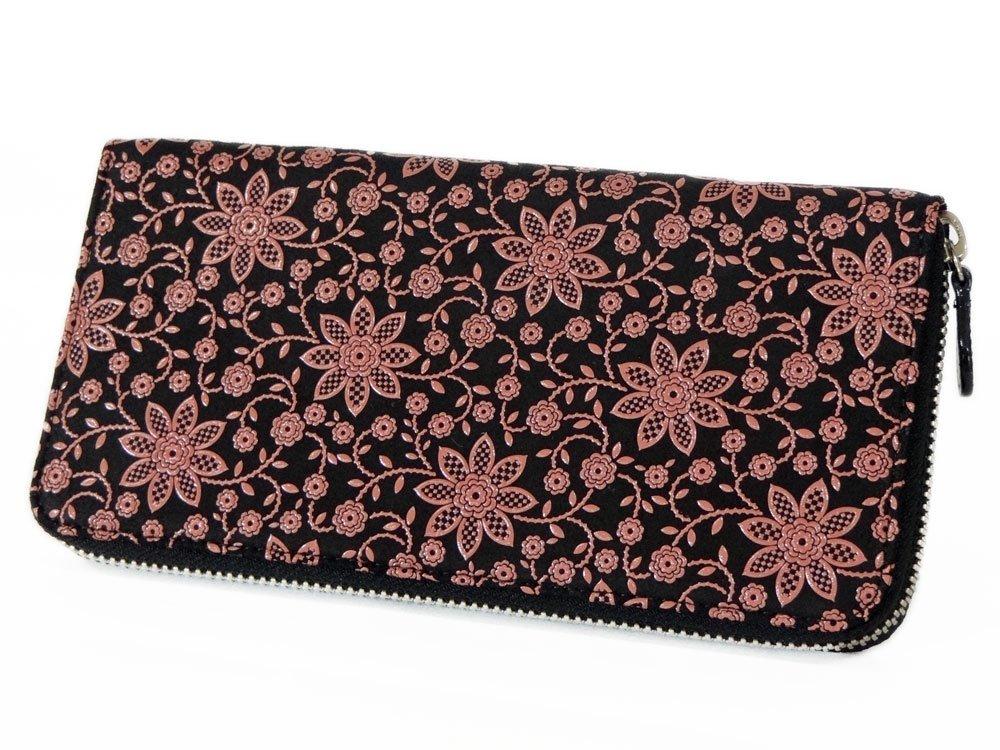 

Inden 2317 Bundle F Black deerskin x pink lacquer Clematis pattern 10cm x 19cm x 2cm Round zipper long wallet [Indenya] чорний