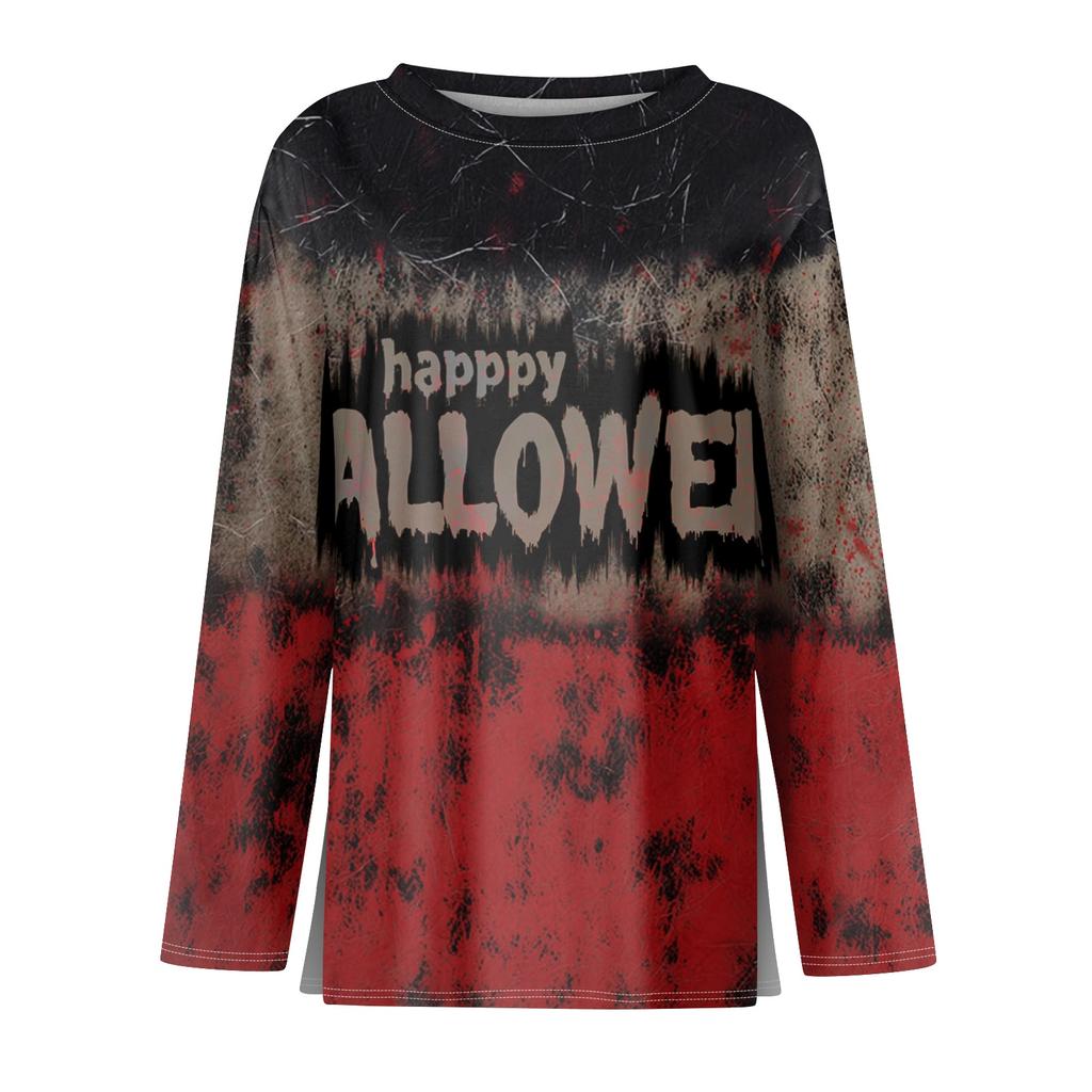 Women's Round Neck Long Sleeve Top with Halloween Print and Side Slit for Fall Festive Occasions