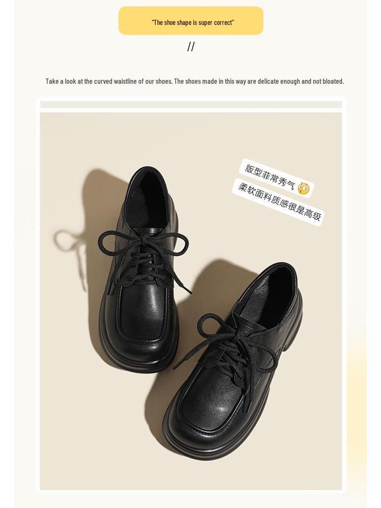 2025 Herbst Retro Schwarz Damen Square Toe Schnürschuhe Dicke Sohle Höhenverstärkend Britischer Stil Kleine Lederschuhe